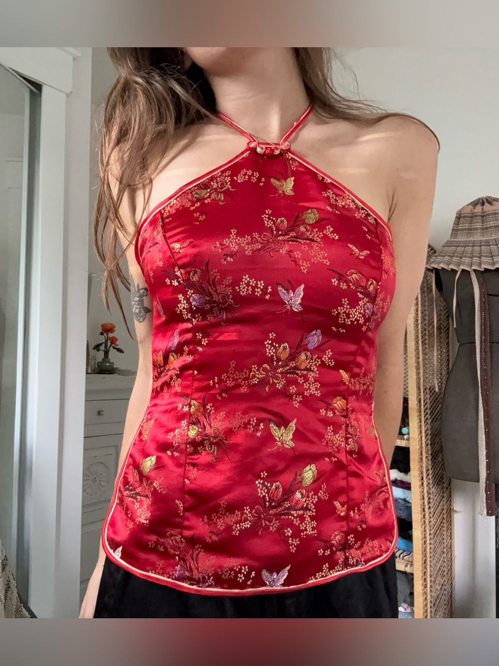 Y2K Red Satin Cheongsam Oriental Floral Halter Top S Butterfly